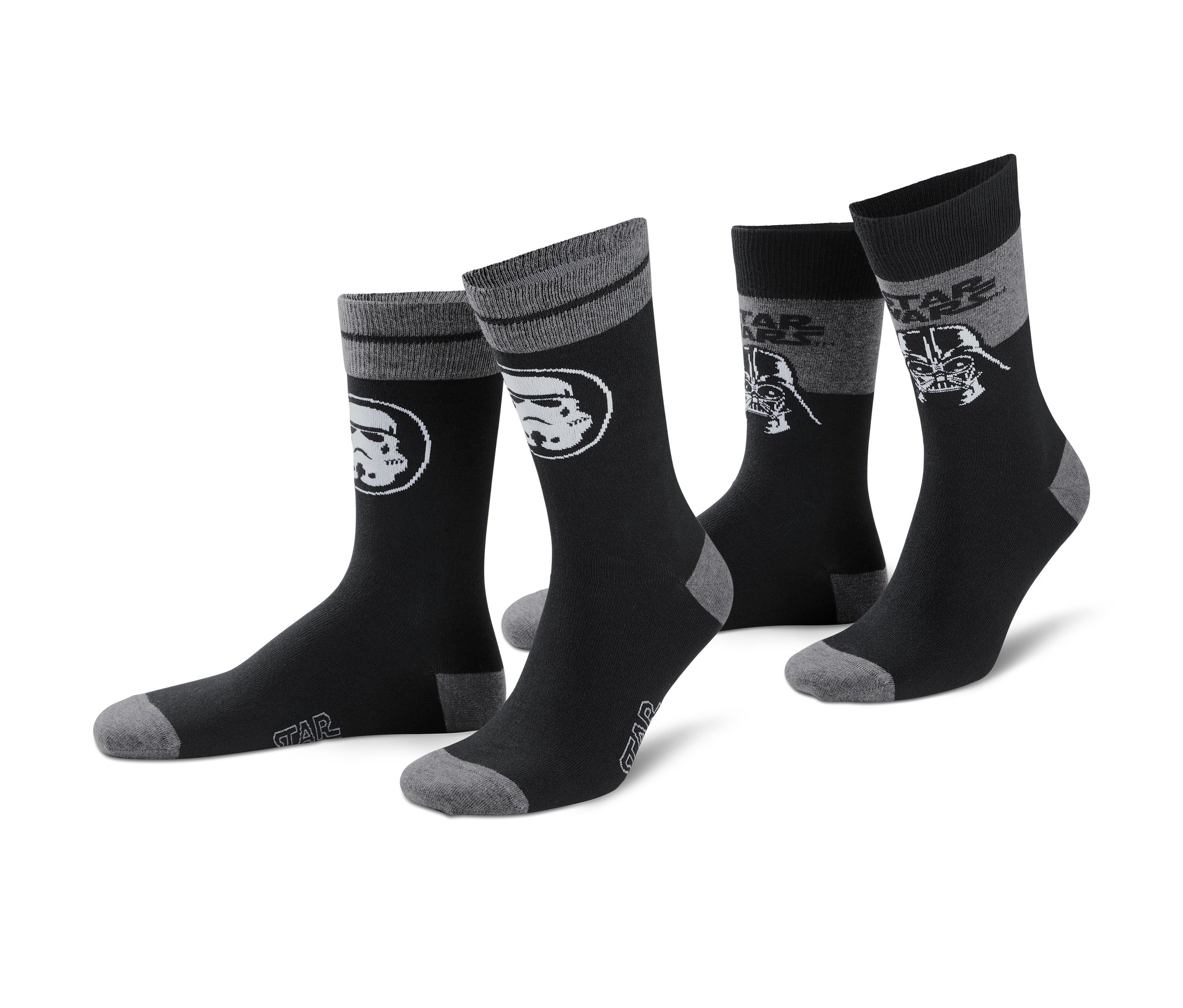 Zwei Paar »Star Wars« Socken in Schwarz mit Darth Vader und Stormtrooper Motiven.