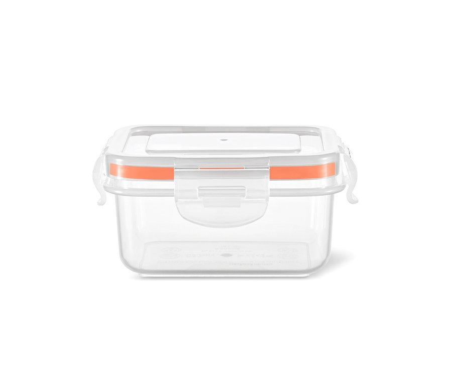 Eine durchsichtige, quadratische Frischhaltedose.