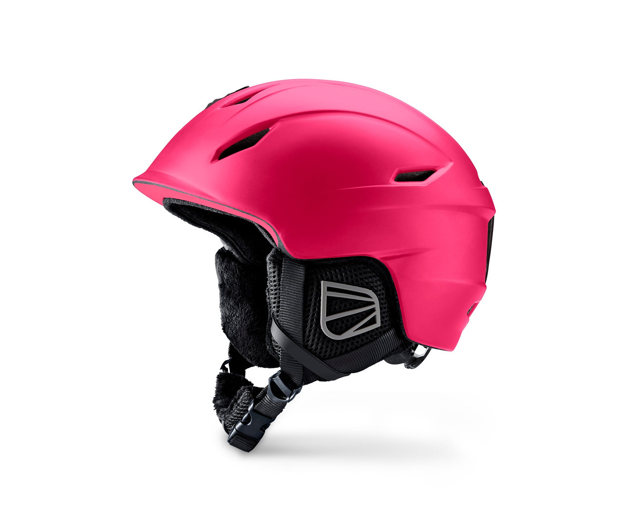 Ein In-Mould-Ski- und Snowboardhelm in Pink vor weißem Hintergrund.