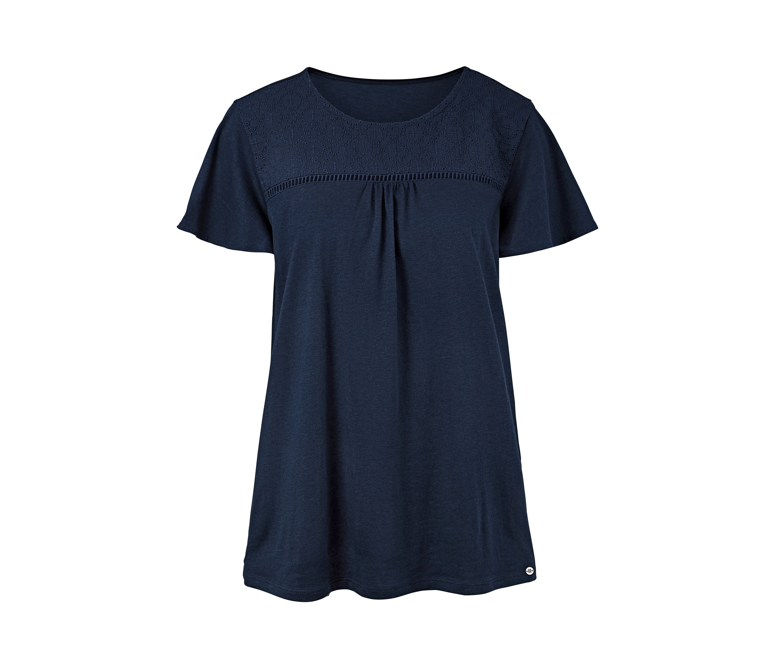 Marineblaues Jerseyshirt mit kurzen Ärmeln und Lochstickerei im Schulterbereich.