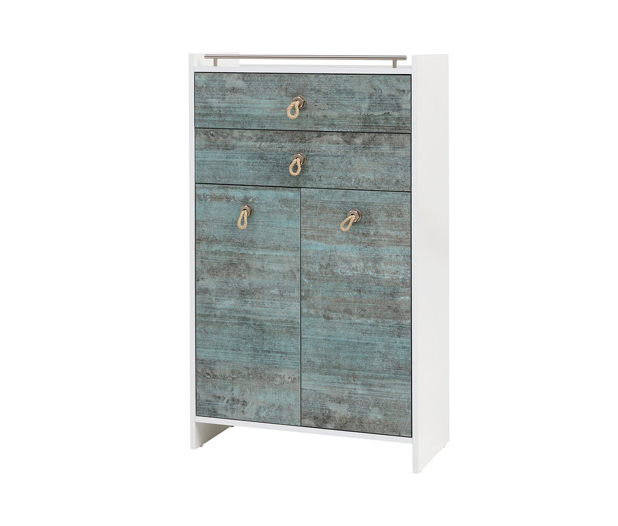 Weißes Sideboard mit drei Schubladen und Türen mit blau-grauem Holzdekor. Breites Highboard »Sailor«