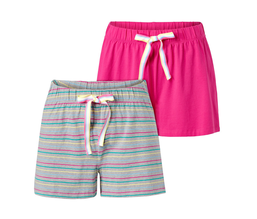 Zwei Jersey-Shorts: eine pinkfarbene und eine graue mit bunten Streifen.