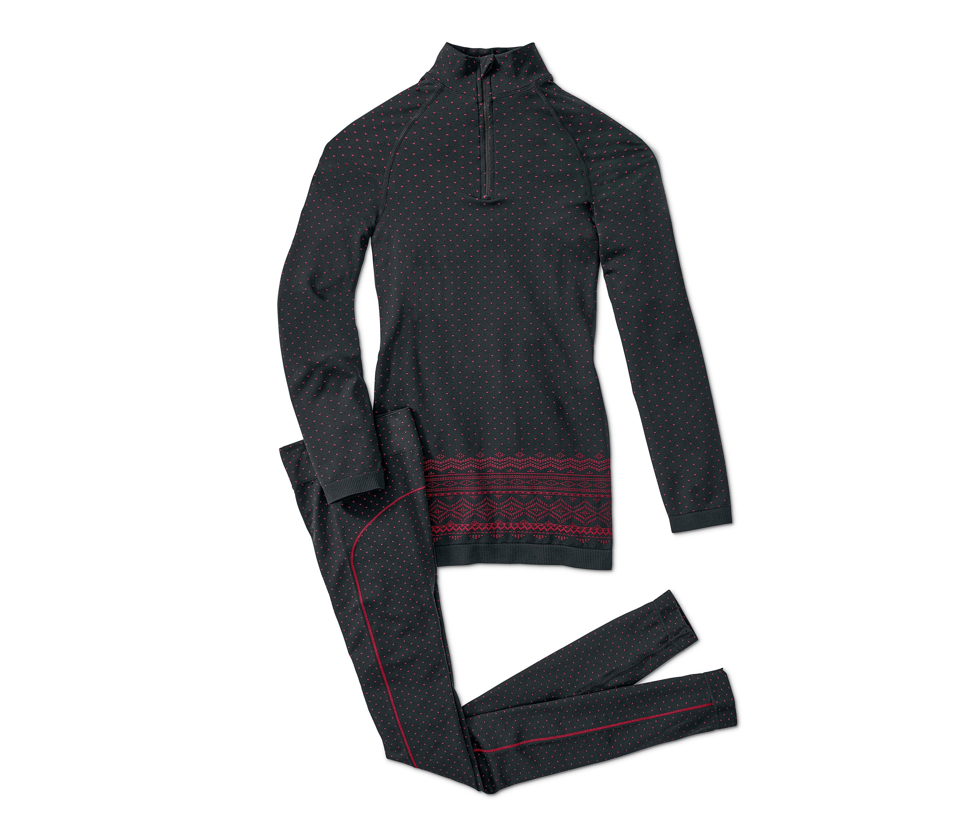 Schwarze Seamless-Funktionsunterwäsche mit roten Punkten und Norwegermuster.