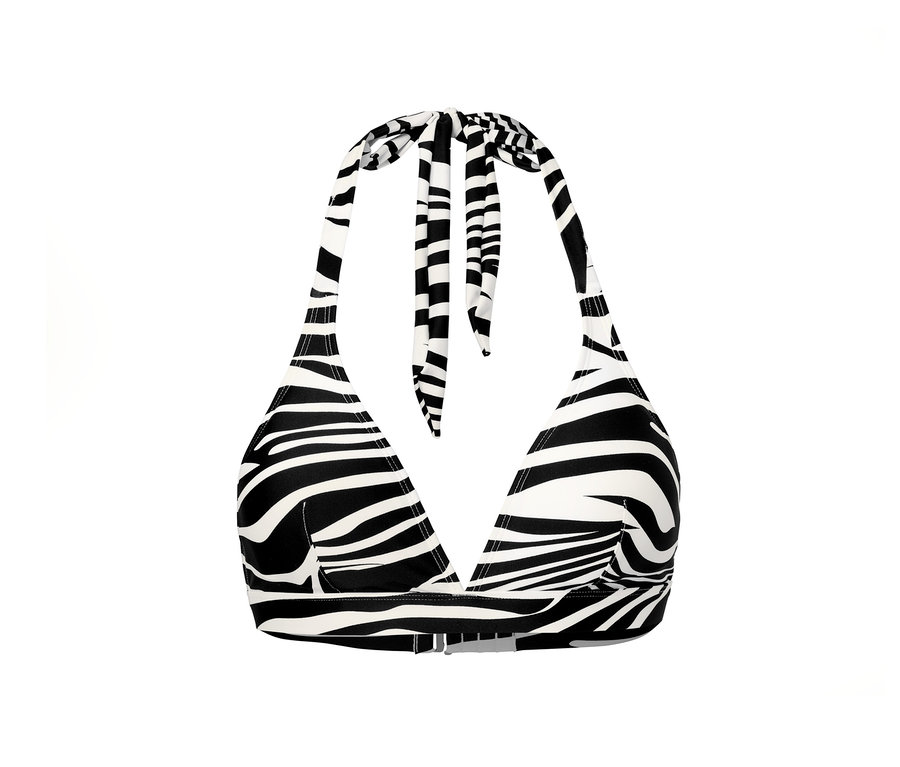 Detailansicht eines Neckholder-Bikinitops mit Zebramuster.
