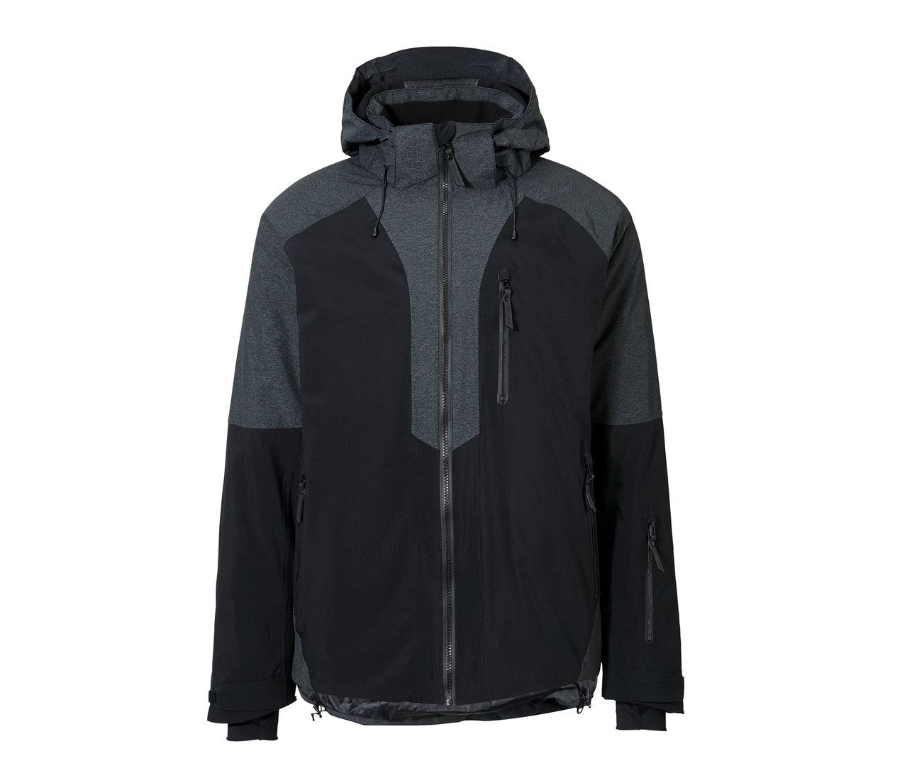 Schwarzgraue High-End-Skijacke mit Reissverschluss und Kapuze.