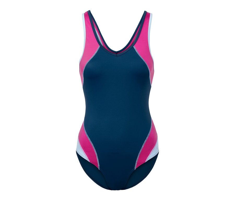 Sport-Badeanzug in Blau mit pinken und weißen Details.