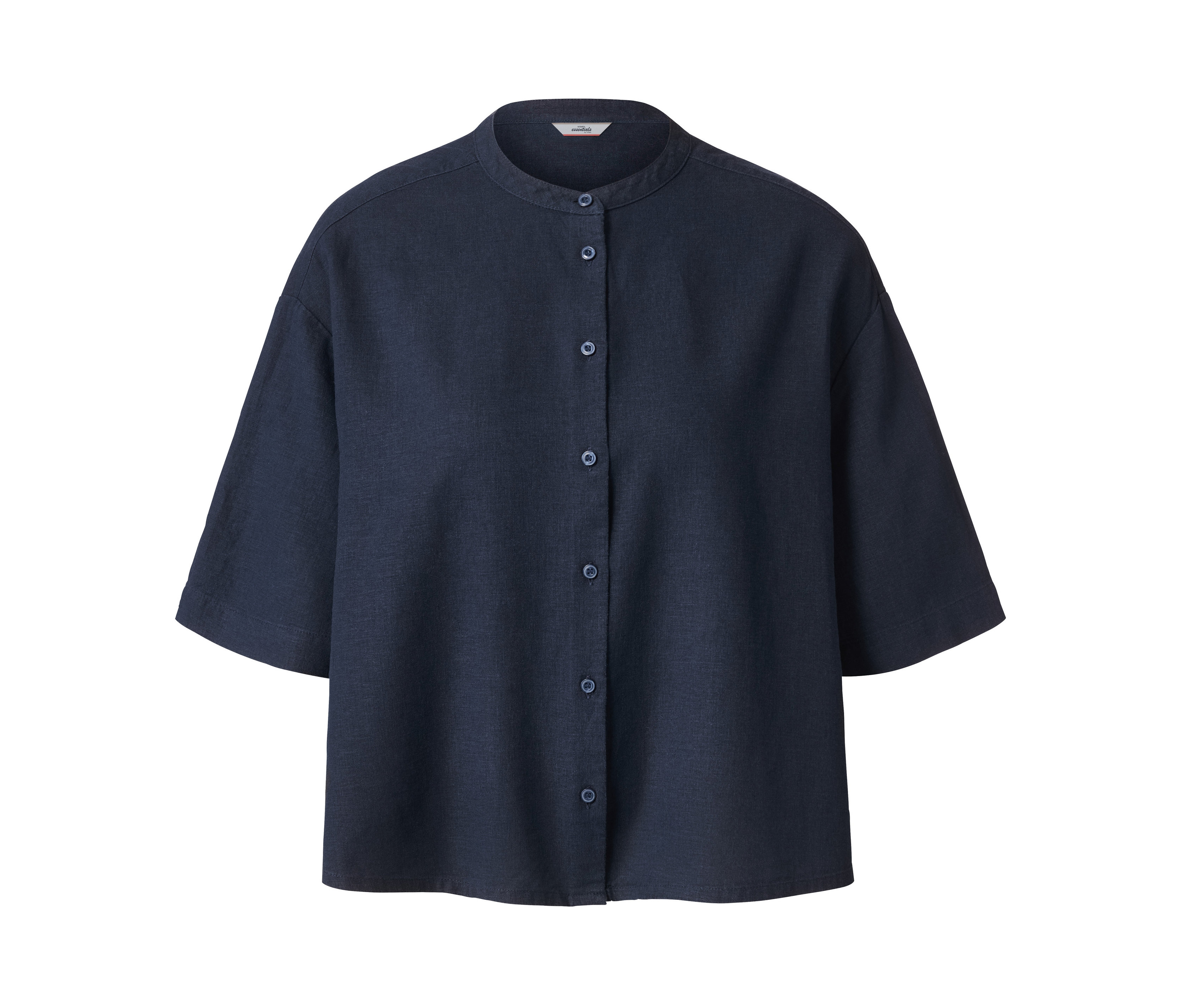 Eine dunkelblaue Oversized-Bluse aus Leinenmix mit Knöpfen.