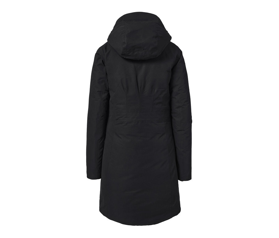 Rückansicht des anthrazitfarbenen Thermo-Mantels mit Kapuze.