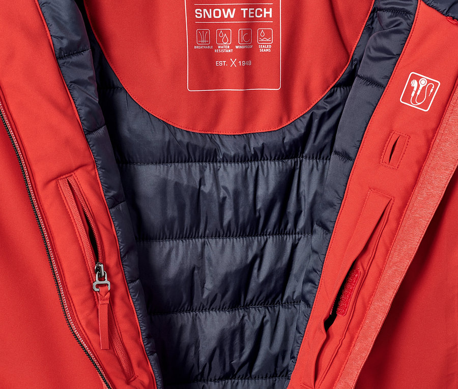 Detailansicht einer roten Softshell-Skijacke.