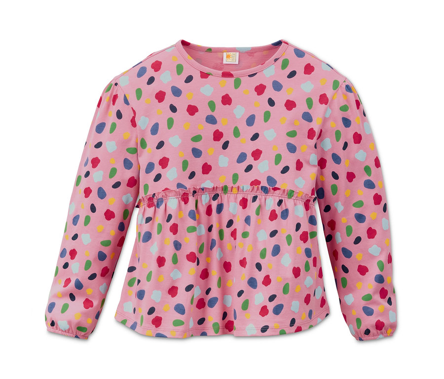 Rosa Langarmshirt aus Bio-Baumwolle mit bunten Flecken.
