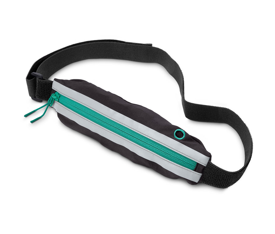 Ein grauer Sportgürtel mit einem grünen Reißverschluss.