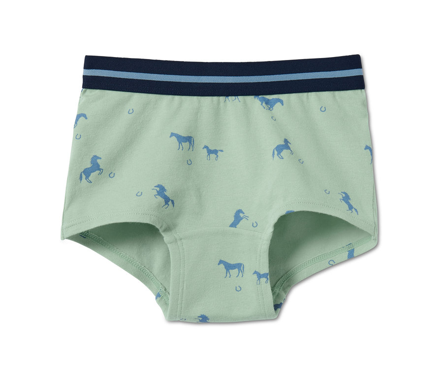 Helle, mintgrüne Panty aus Bio-Baumwolle mit blauen Pferden und Hufeisen, 7er Pack.