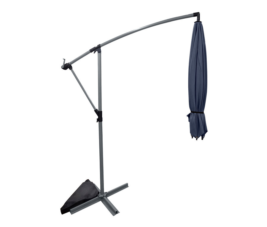 Zusammengefalteter anthrazitfarbener Leco Ampelschirm, Ø ca. 300 cm.