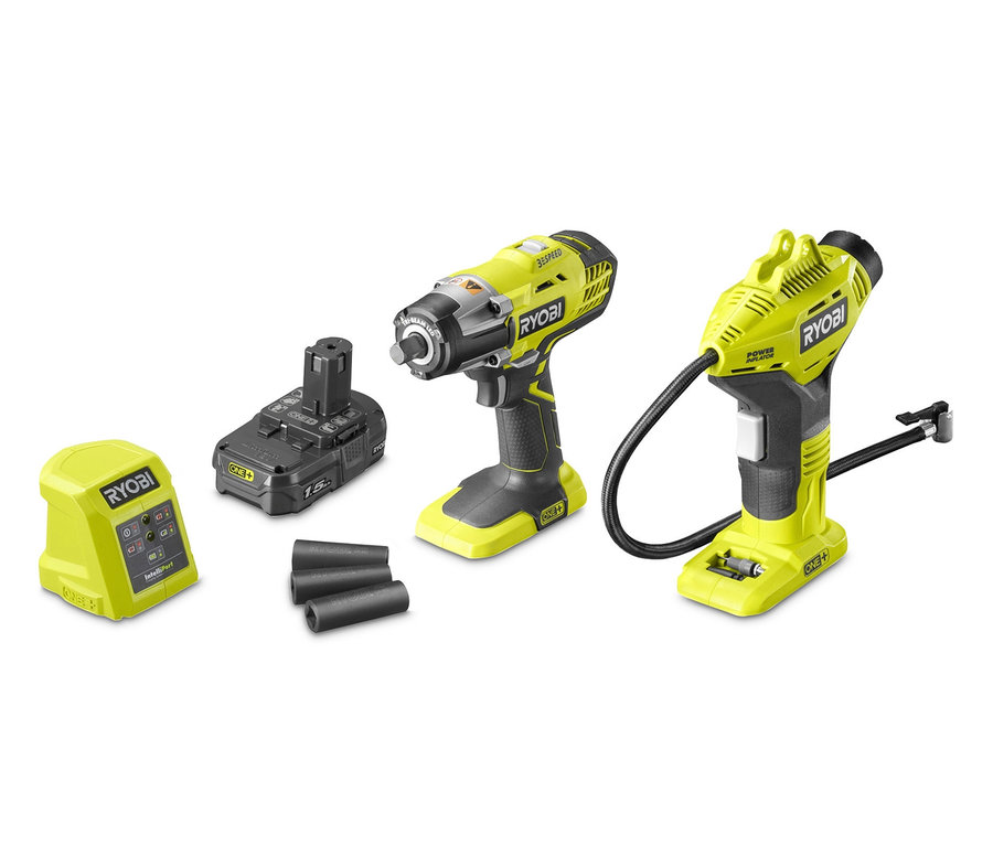 Gelb-schwarzes Ryobi Werkzeug auf weißem Hintergrund. Zu sehen ist das RYOBI Spezial-Räderwechselset »R18IWPI-115G«.