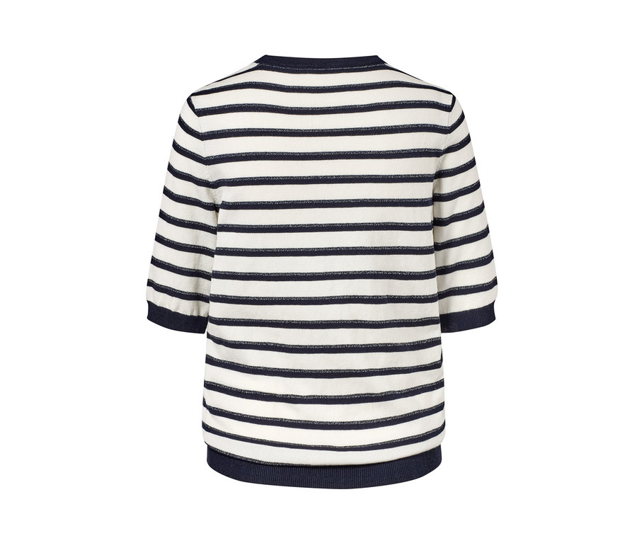 Rückansicht eines Feinstrickpullovers mit Halbarm in Marineblau-weißem Ringeldesign.