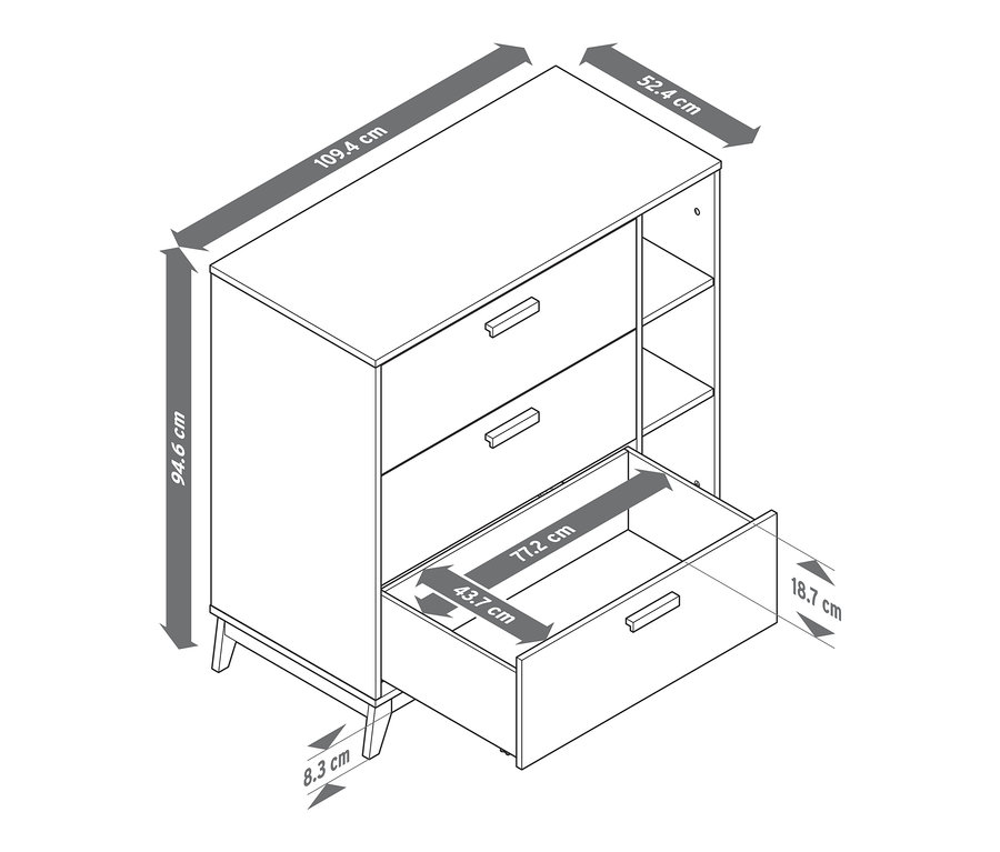 Zeichnung einer Wickelkommode mit offener Schublade und Abmessungen.