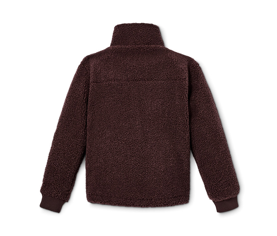 Braune Teddyplüschjacke mit langen Ärmeln und Kragen.