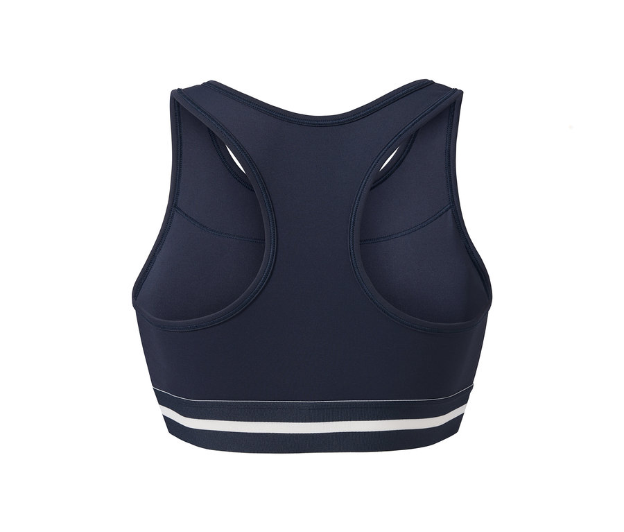 Detailansicht von hinten eines dunkelblauen Sport-Bustiers »Long Line«.