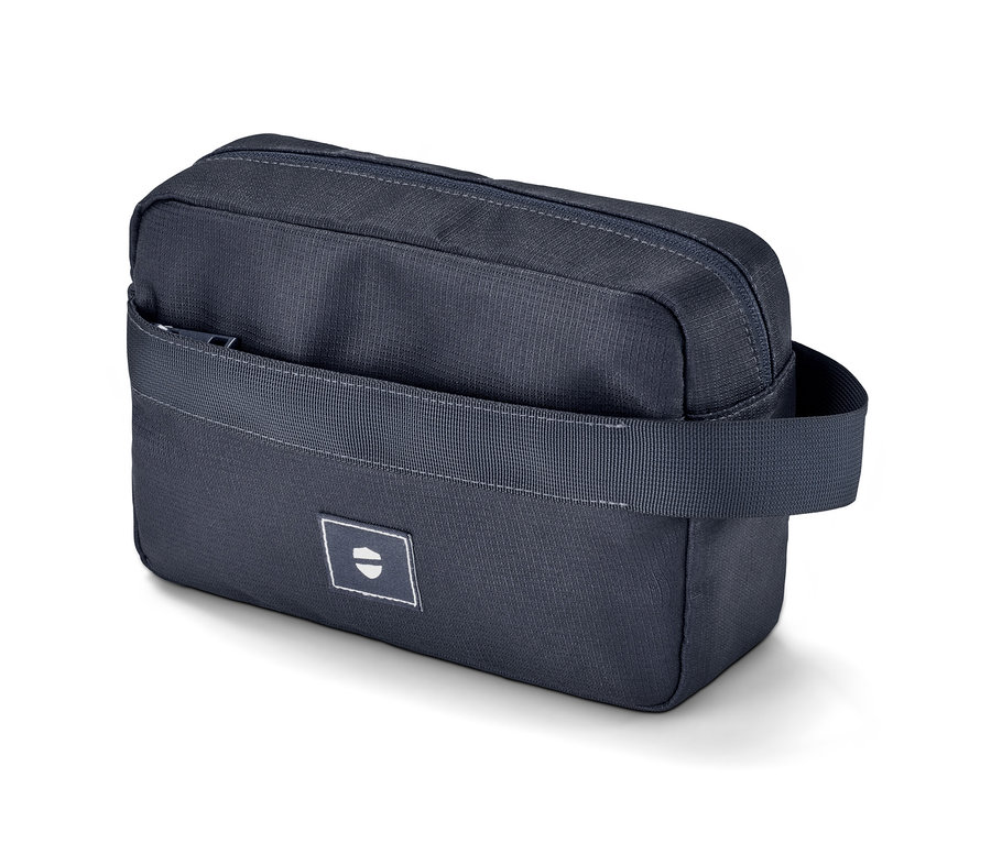 Eine blaue Kulturtasche.
