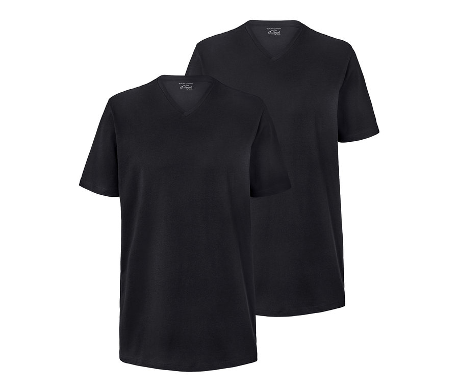 Zwei schwarze T-Shirts mit V-Ausschnitt.