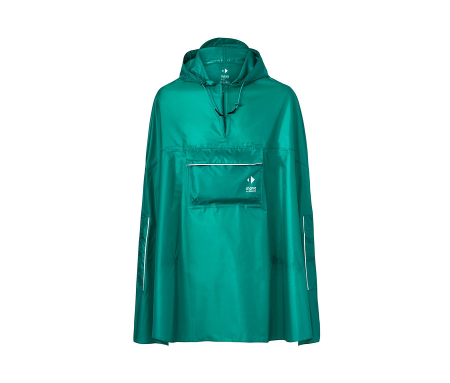 Ein grüner Unisex-Regenponcho mit Kapuze und Tasche.