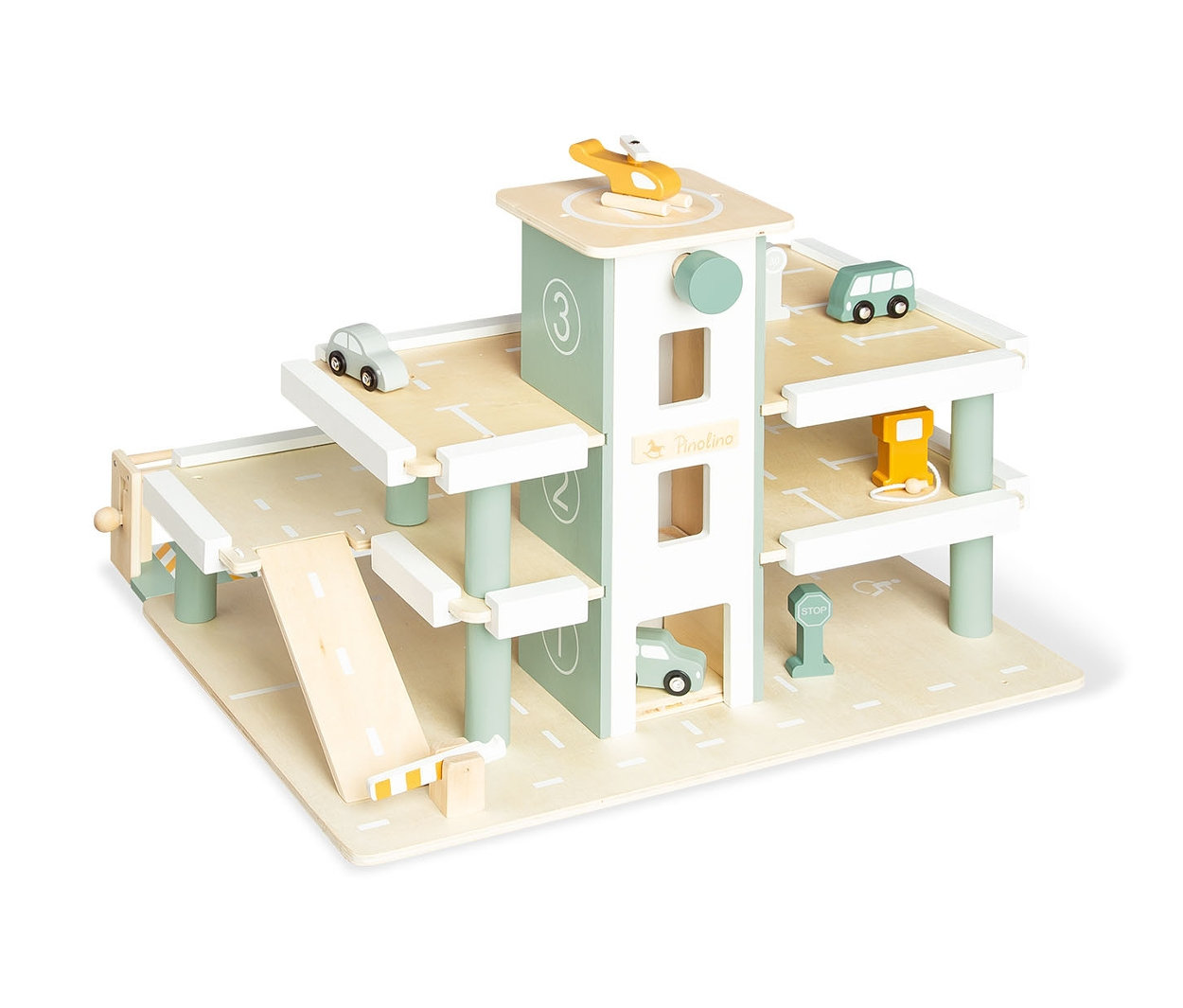 Pinolino Parkhaus »Kurt« mit Zubehör mit gelbem Hubschrauber, grauem, grünem und gelbem Auto.