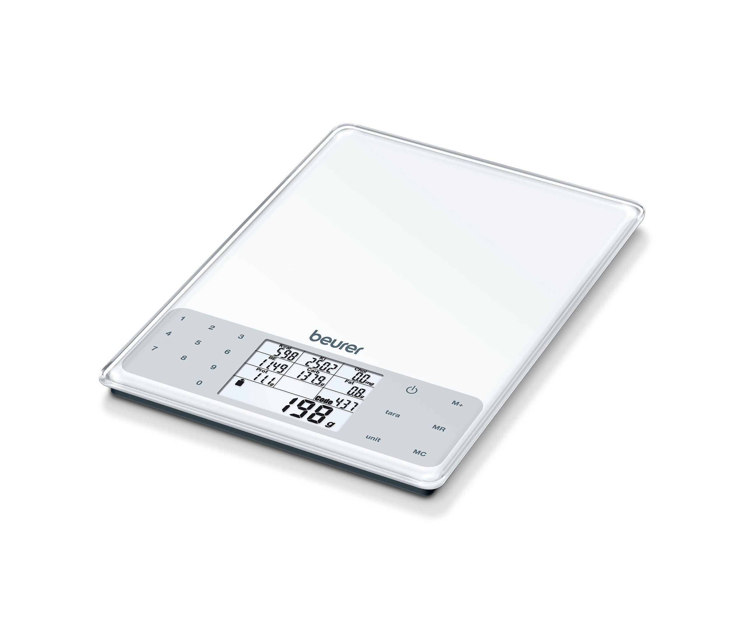 Eine weisse Beurer-Nährwert-Analysewaage mit LCD-Anzeige, die einen Wert von 198 g anzeigt.