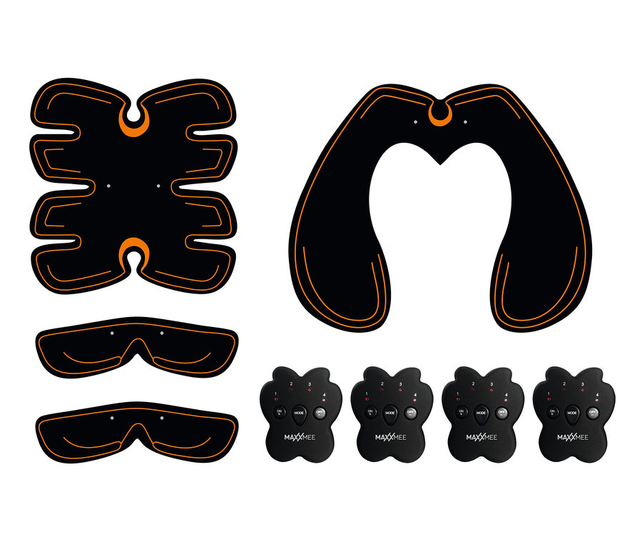 Schwarze MAXXMEE-EMS-Muskelstimulations-Pads mit orangefarbenen Rändern auf weißem Hintergrund.