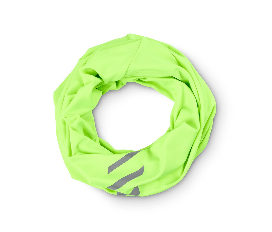 Ein neongelbes Multifunktionstuch ist zu einem Kreis geformt.