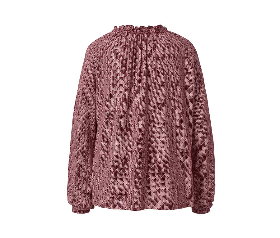 Dunkelrotes, bedrucktes Blusenshirt.