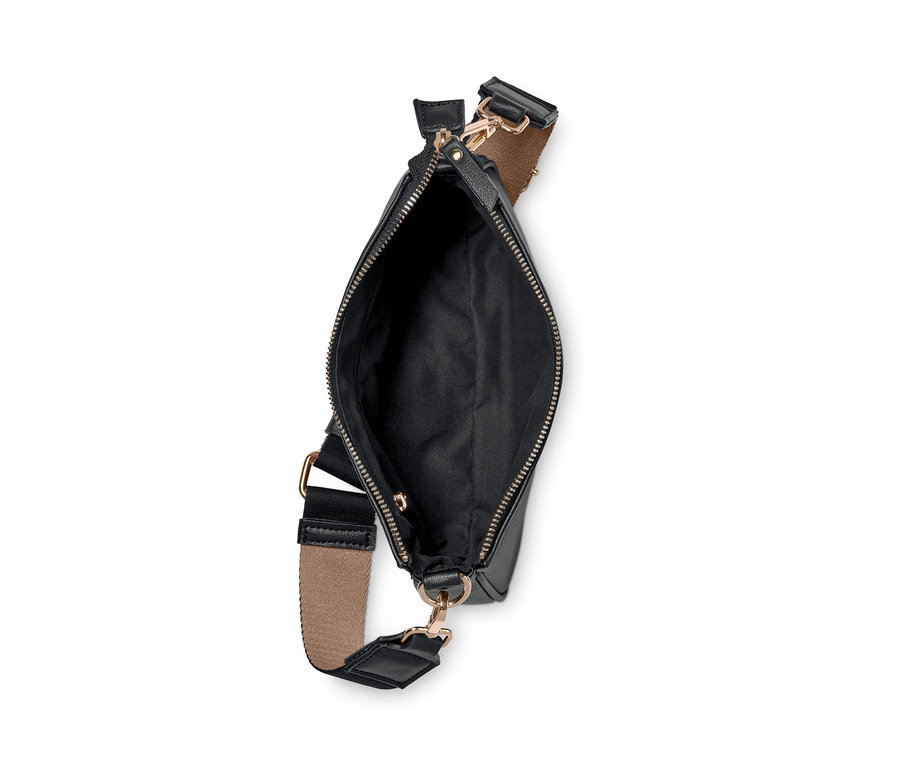 Schwarze Umhängetasche mit braunem Riemen und goldenem Reißverschluss.
