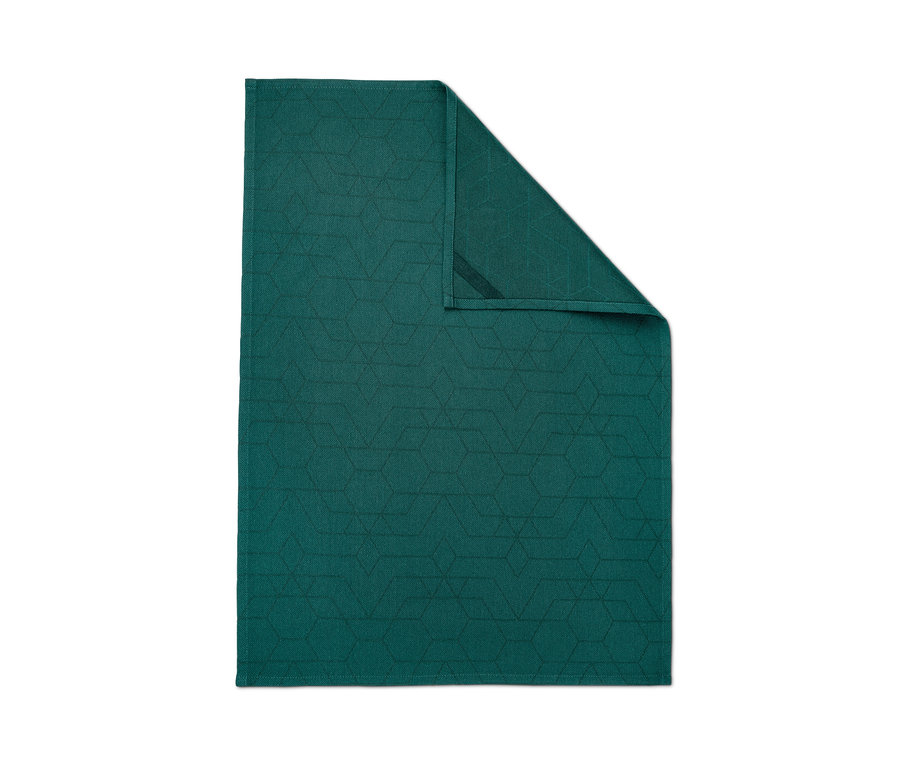 Ein grünes Geschirrtuch mit geometrischem Muster, 3 Stück.