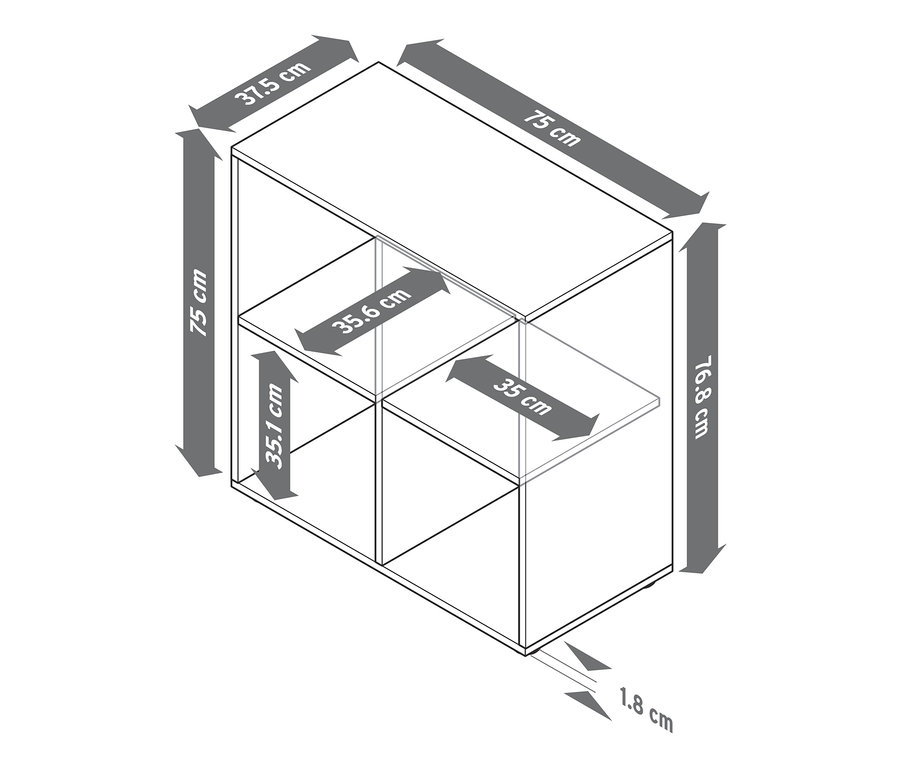 Abmessungen des Regalmoduls Flemming ca. 75 x 75 cm, offen.