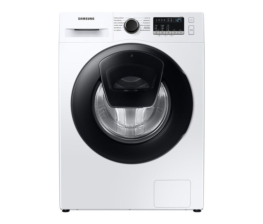 Eine weiße Samsung-Waschmaschine »WW7QT4543AE/EG« mit schwarzer Tür und digitalem Display.