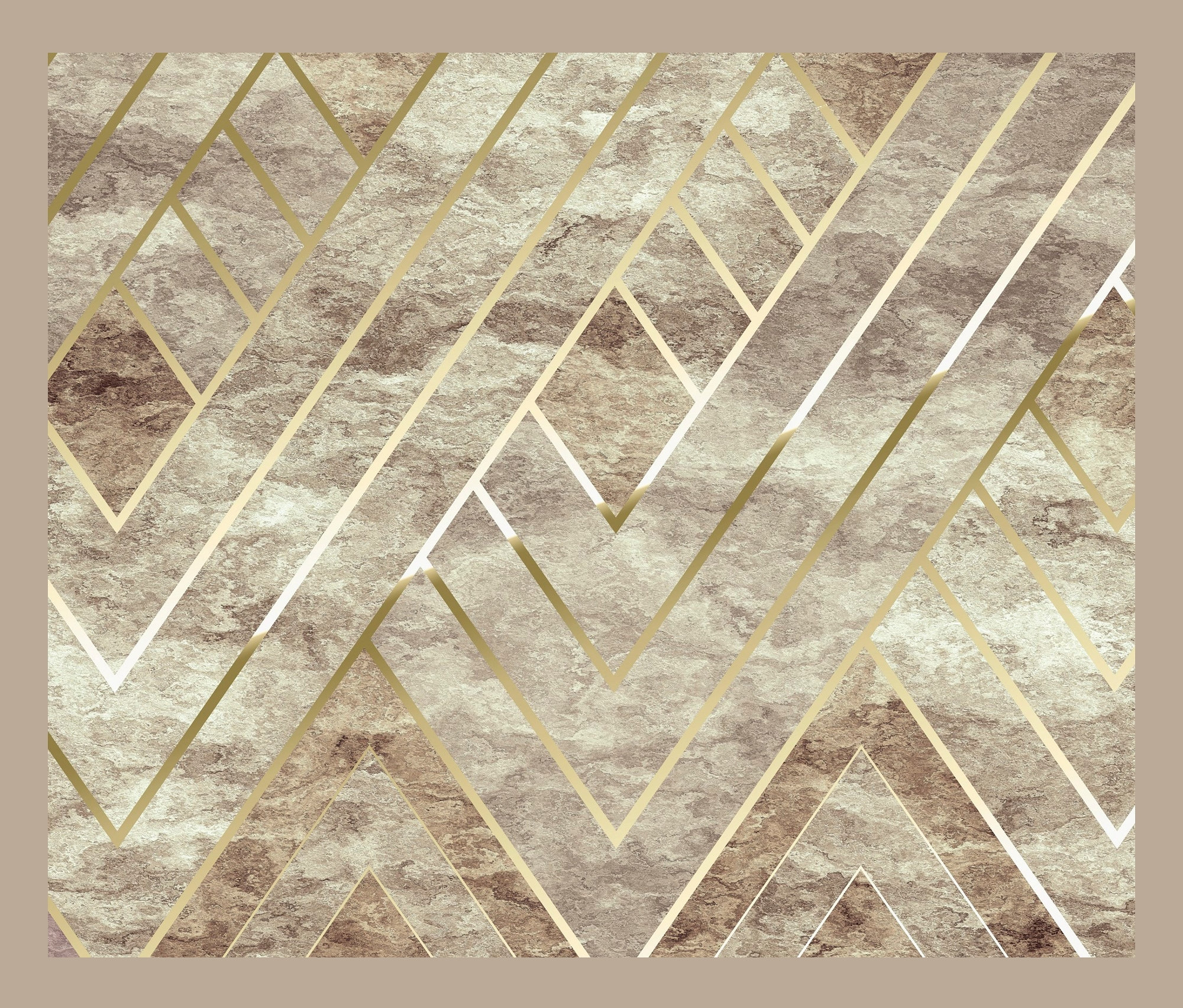 Abstraktes Muster mit beigen und braunen Steinstrukturen und goldenen geometrischen Linien. Vliestapete »Art Deco«, 300 x 250 cm