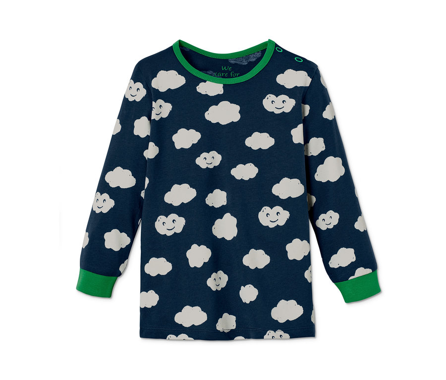 Dunkelblauer, langärmliger Schlafanzug mit weißen Wolken. 2 Pyjamas aus Bio-Baumwolle.