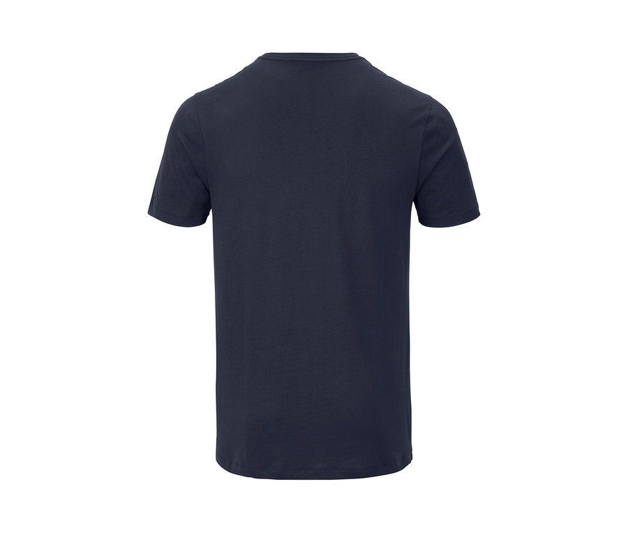 Ein marineblaues T-Shirt mit Rundhalsausschnitt.