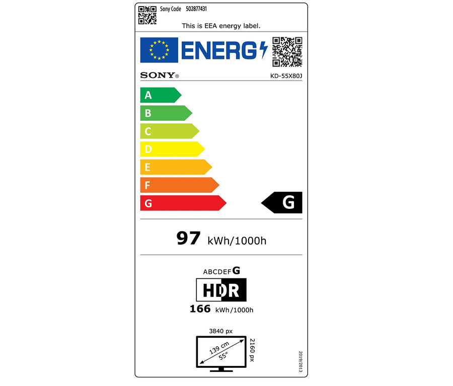 Energieetikett des Sony-Fernsehers KDX80JAEP 55". Energieeffizienzklasse G, Verbrauch 97 kWh/1000h.