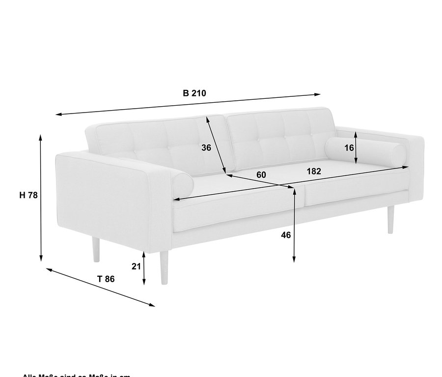 Die Maße des grünen 3-Sitzer-Sofas »Jules« sind mit Pfeilen dargestellt.