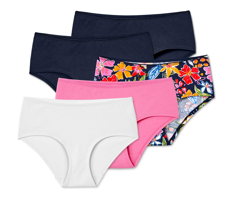 Fünf Pantys: zwei dunkelblaue, eine pinke, eine weiße und eine mit Blumenmuster.