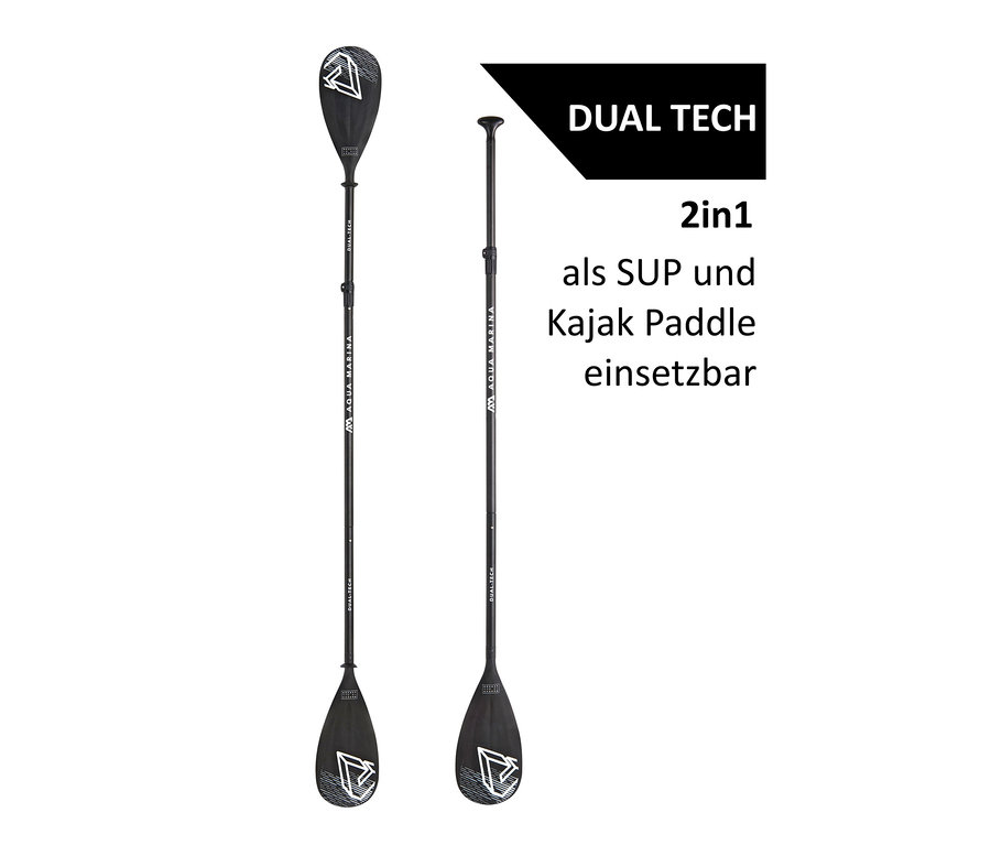 Zwei schwarze SUP- und Kajak-Paddel "Dual Tech" auf weißem Hintergrund.