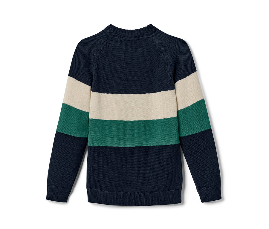 Ein Strickpullover mit dunkelblauen, beigen und grünen Streifen.