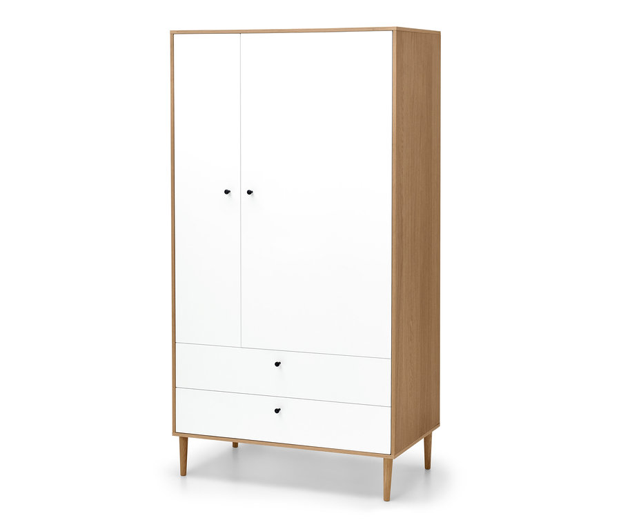 Weißer Kleiderschrank »Bekeson« mit zwei Türen und zwei Schubladen.