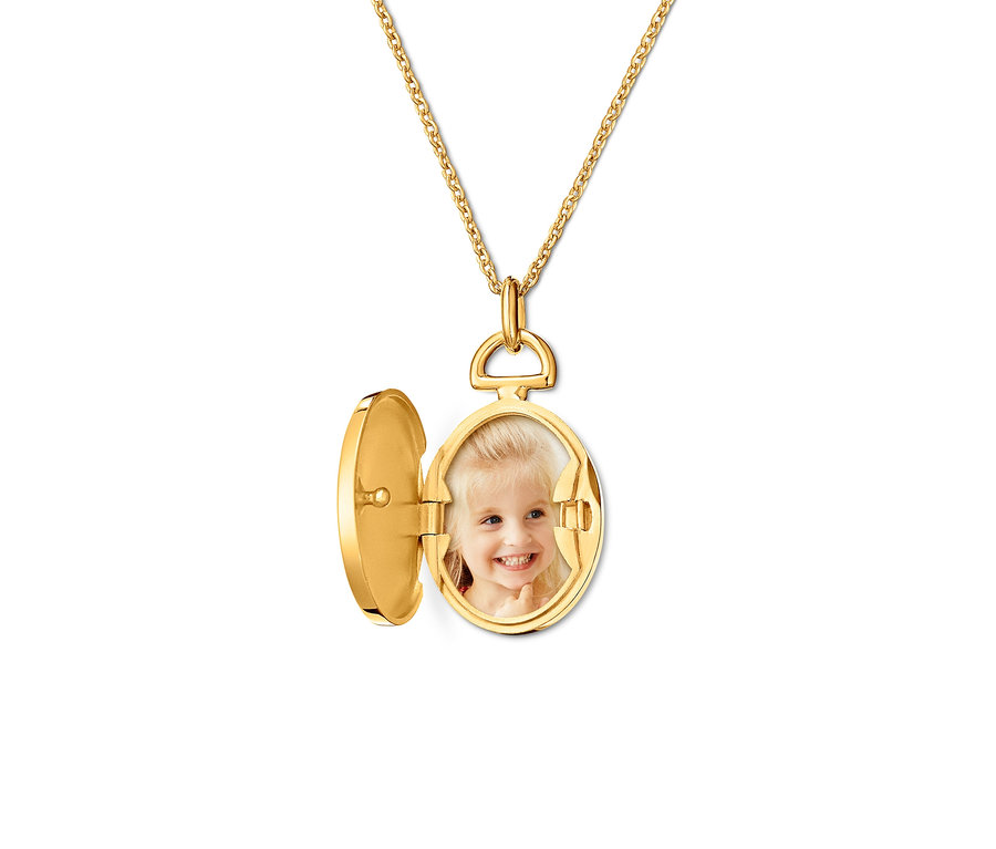 Goldene 925 Silber Kette mit geöffnetem Medaillon, das ein Foto eines lächelnden blonden Mädchens zeigt.