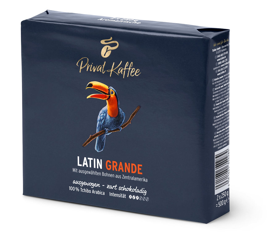 Packung Privat Kaffee Latin Grande gemahlener Kaffee mit Tukan-Abbildung.