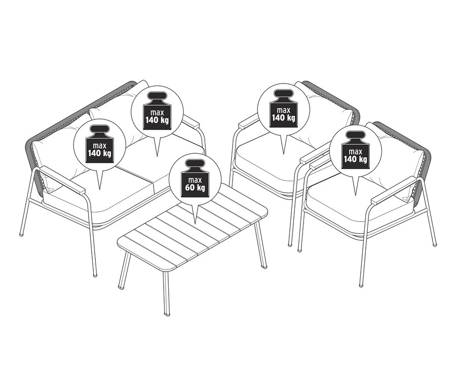Illustration eines Design-Gartensofa-Sets bestehend aus zwei Sesseln, einem Zweisitzer-Sofa und einem rechteckigen Tisch.
