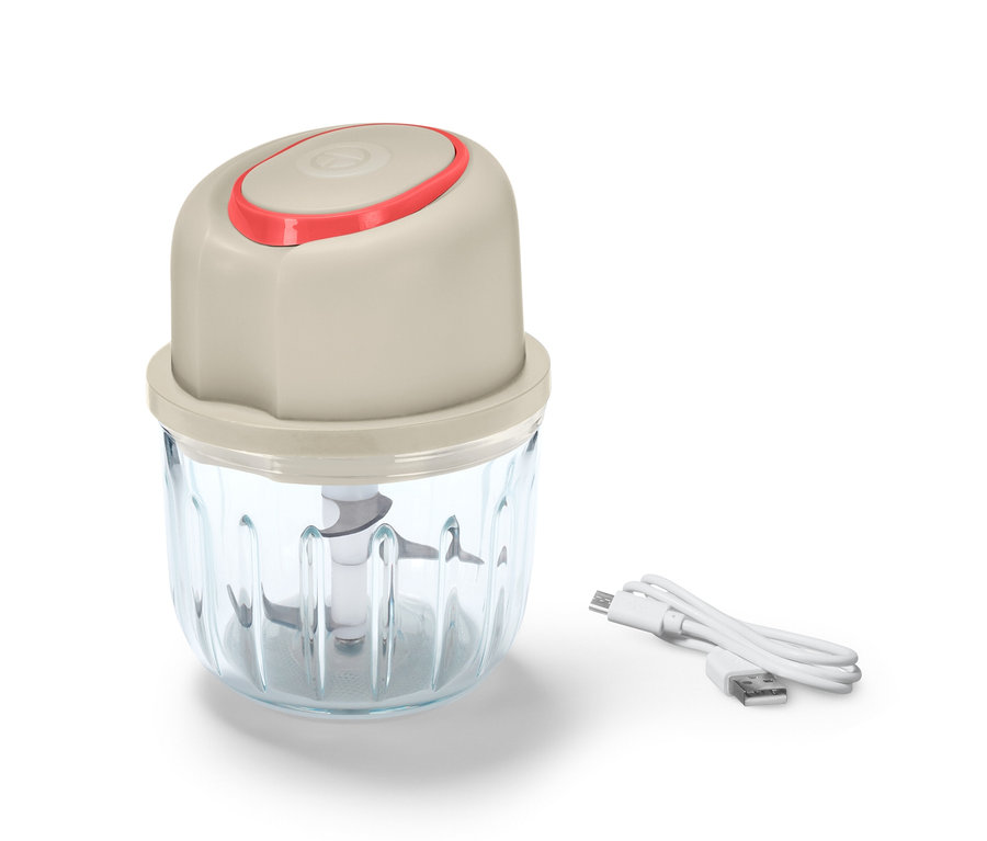 Kabelloser Multizerkleinerer mit transparentem Behälter und USB-Ladekabel.