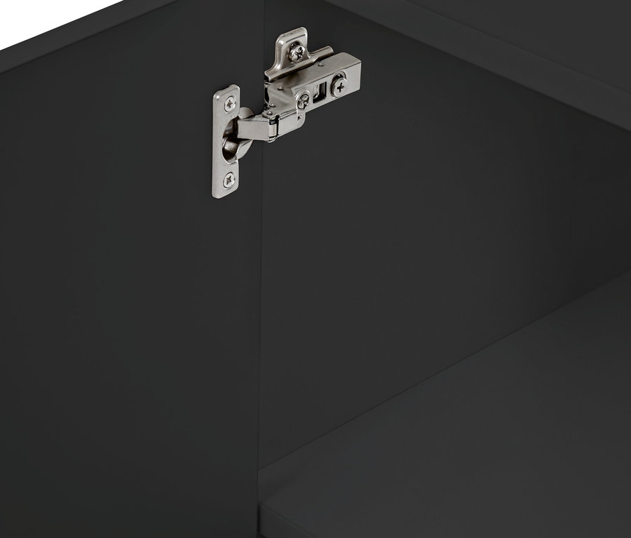 Detailansicht des anthrazitfarbenen Waschbeckenunterschranks »Eklund« mit geöffneter Tür.