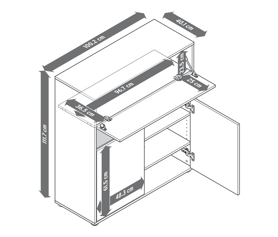 Skizze eines Highboards mit Details in Eichendekor und den angegebenen Abmessungen.