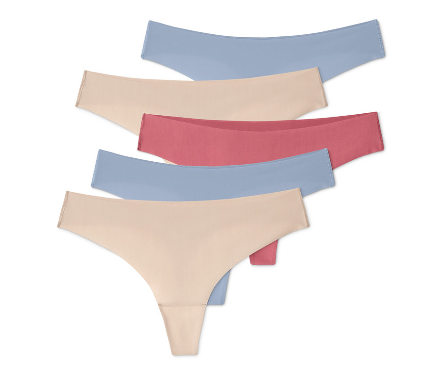 Fünf Magic-Cut-Strings in Hellblau, Nude und Himbeere.